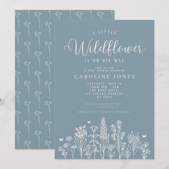Invitation Baby Boy Petit Fleur sauvage Baby shower bleu (Devant / Derrière)
