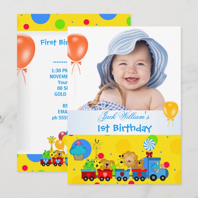 Invitation Baby Boy Premier anniversaire 1er train Bleu Jaune (Devant / Derrière)