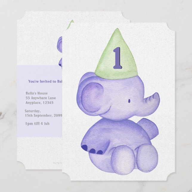 Invitation Baby Boy Purple Elephant 1er anniversaire Invitati (Devant / Derrière)