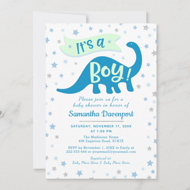 Invitation Baby Boy Shower Dinosaur Blue Thème C'est un garço (Devant)