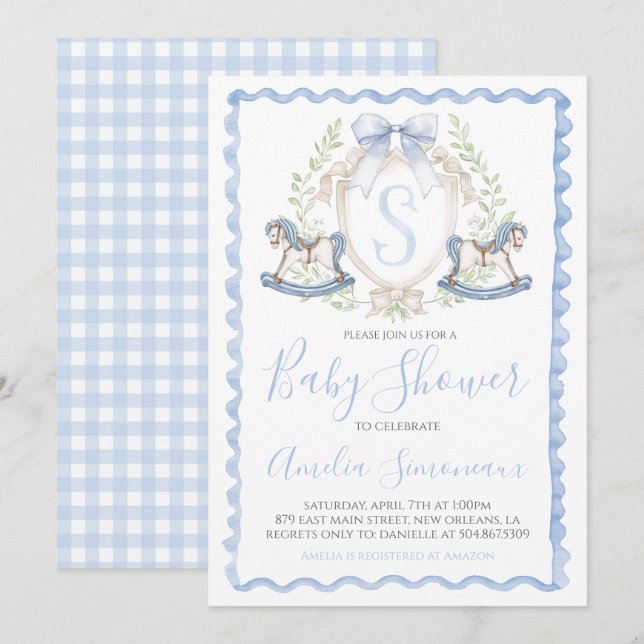 Invitation Baby Boy Shower Rocking Horse Preppy En vichy Blue (Devant / Derrière)
