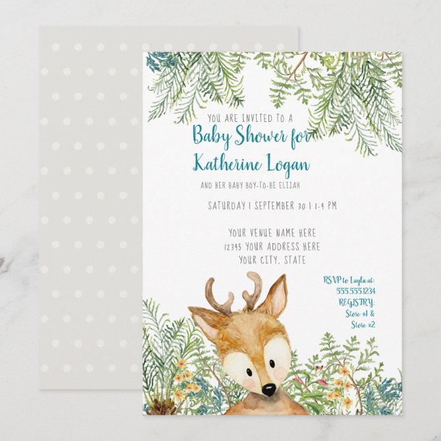Invitation Baby Boy Shower Woodland Forest Deer Forest Grey (Devant / Derrière)