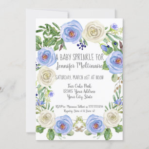 Invitation Baby Boy Sprinkle Douche bleu n Rose blanche Flora
