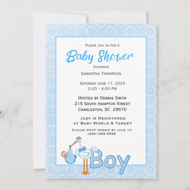 Invitation Baby Boy Stork Douche (Devant)