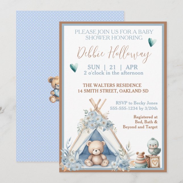 Invitation Baby Boy Teddy Bear dans le Baby shower Teepee (Devant / Derrière)