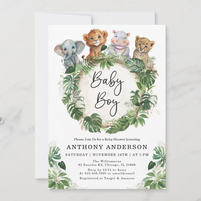Invitation Baby Boy Tropical Jungle Safari Animaux Douche (Devant)