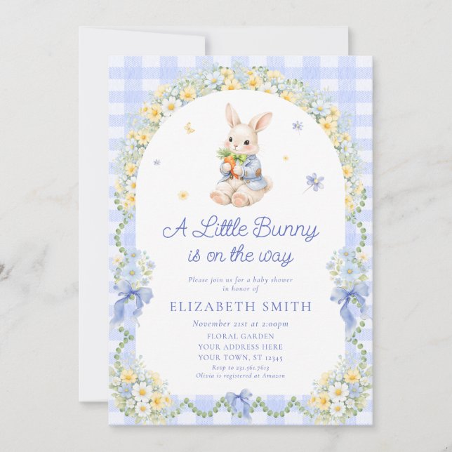 Invitation Baby Bunny Cute Rabbit Gingham Boy Baby Shower (Devant)