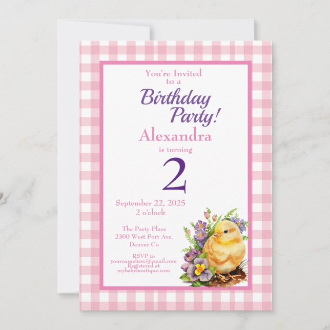 Invitation Baby Chick Pink fête d'anniversaire (Devant)