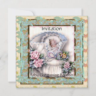 Invitation Baby Christening Baptême Turquoise Vint