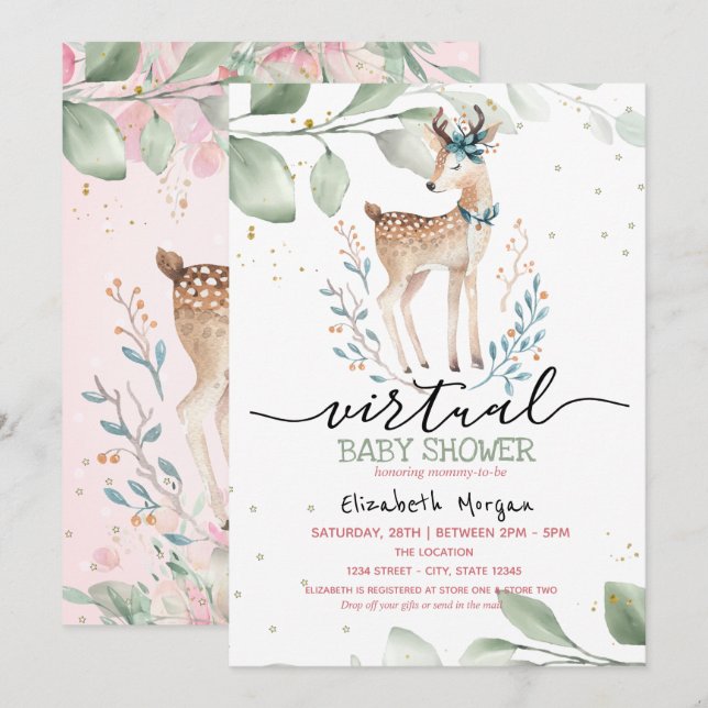 Invitation Baby Deer Stars Baby shower virtuel Feuille (Devant / Derrière)