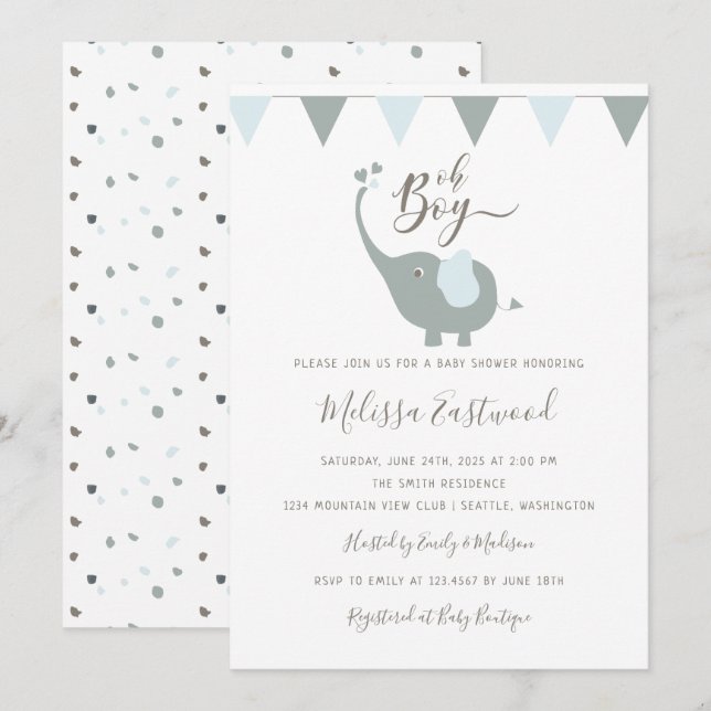 Invitation Baby Elephant Baby shower Oh Boy Party (Devant / Derrière)