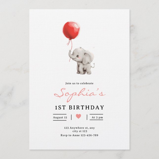 Invitation Baby Elephant Birthday Invite, Kids 1st Birhday (Devant)