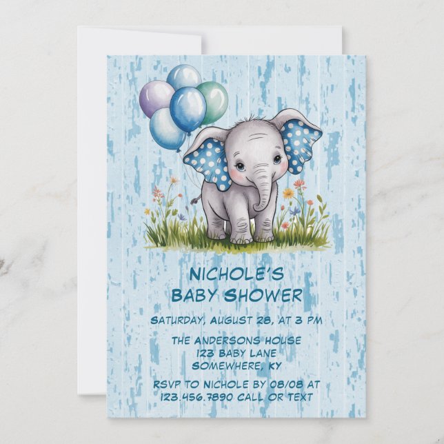 Invitation Baby Elephant et Fleur sauvage Baby shower garçon (Devant)