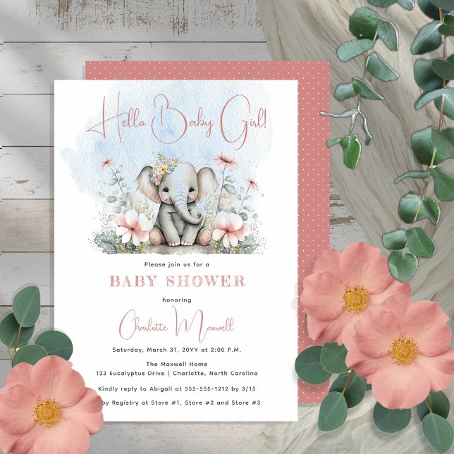 Invitation Baby Elephant Hello Baby Girl Floral Baby shower (Créateur téléchargé)