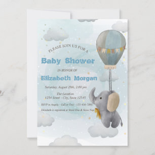 Invitation Baby Elephant, Nuage, Baby shower étoiles
