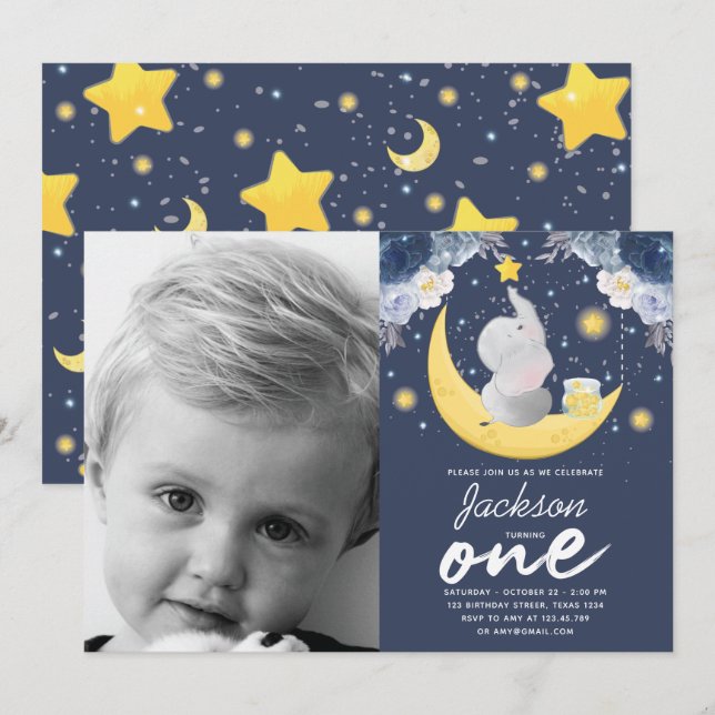 Invitation Baby Elephant on Moon Photo d'anniversaire (Devant / Derrière)
