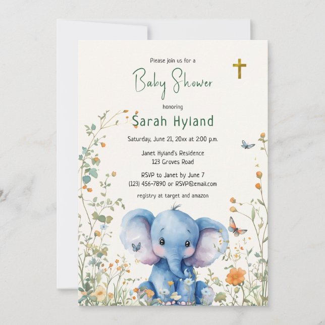 Invitation Baby Elephant & Papillons Baby shower orthodoxe (Devant)