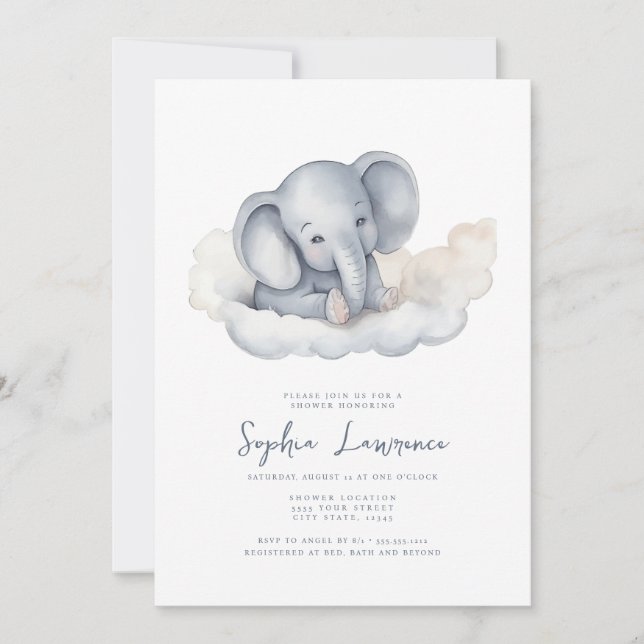 Invitation Baby Elephant sur un Baby shower nuageux Invitatio (Devant)