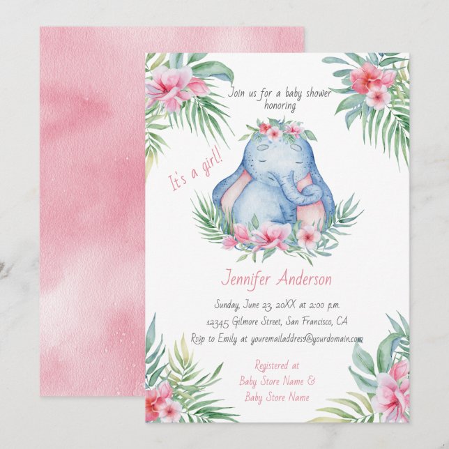 Invitation Baby Elephant Tropical Floral Baby Girl Douche (Devant / Derrière)