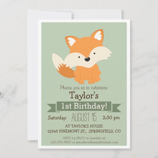 Invitation Baby Fox, fête d'anniversaire de l'animal des bois (Devant)