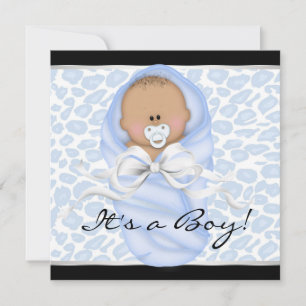 Invitation Baby Garçon Noir Fête Prénatale Thème Léopard Bleu
