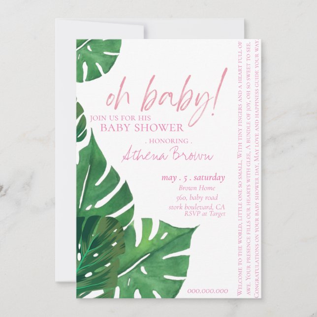 Invitation Baby Gir, Citation Script Baby shower floral tropi (Devant)