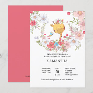Invitation Baby girafe fleurs courre papillon rose mignon