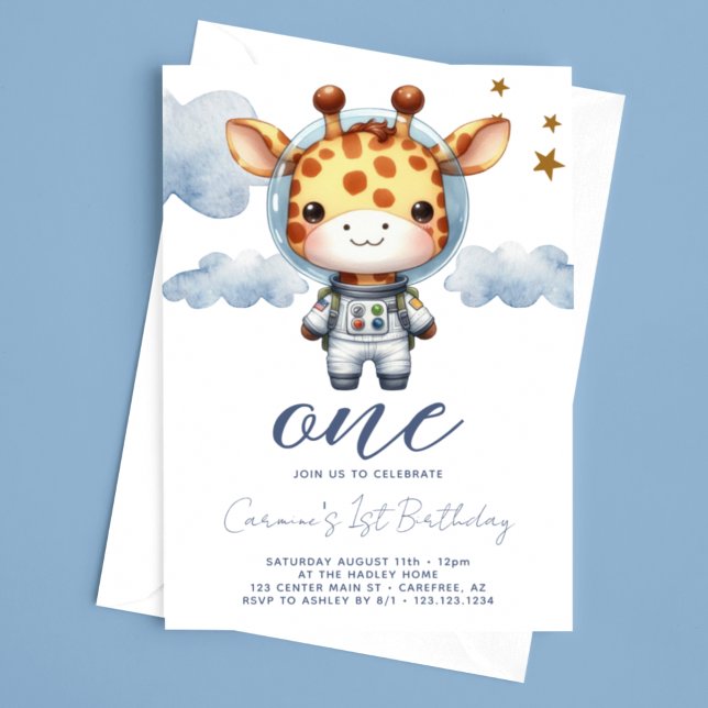 Invitation Baby Giraffe Astronaut 1er anniversaire (Créateur téléchargé)