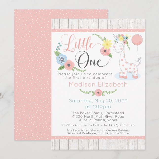 Invitation Baby Giraffe Premier anniversaire Floral & Bois ru (Devant / Derrière)