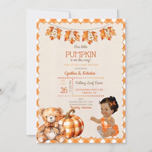 Invitation Baby Girl Automne Plaid Teddy Bear Citrouille Feui (Devant)