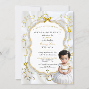 Invitation Baby Girl Baptism Communion Christening White Gold