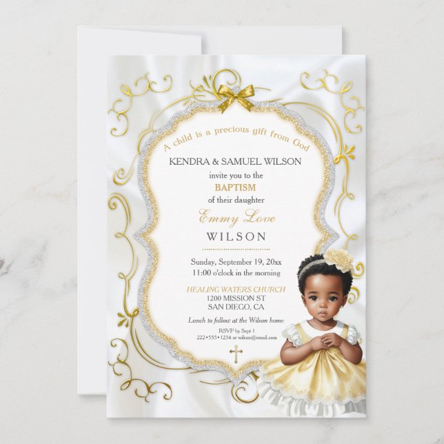 Invitation Baby Girl Baptism Communion Christening White Gold (Devant)
