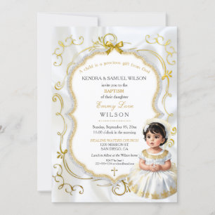 Invitation Baby Girl Baptism Communion Christening White Gold