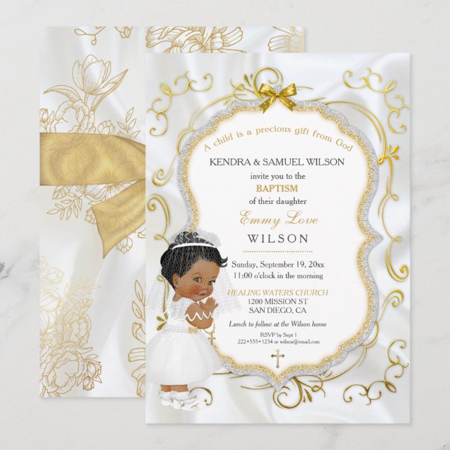 Invitation Baby Girl Baptism Communion Gold Cross (Devant / Derrière)