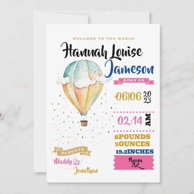 Invitation Baby Girl Bienvenue dans le monde (Devant)