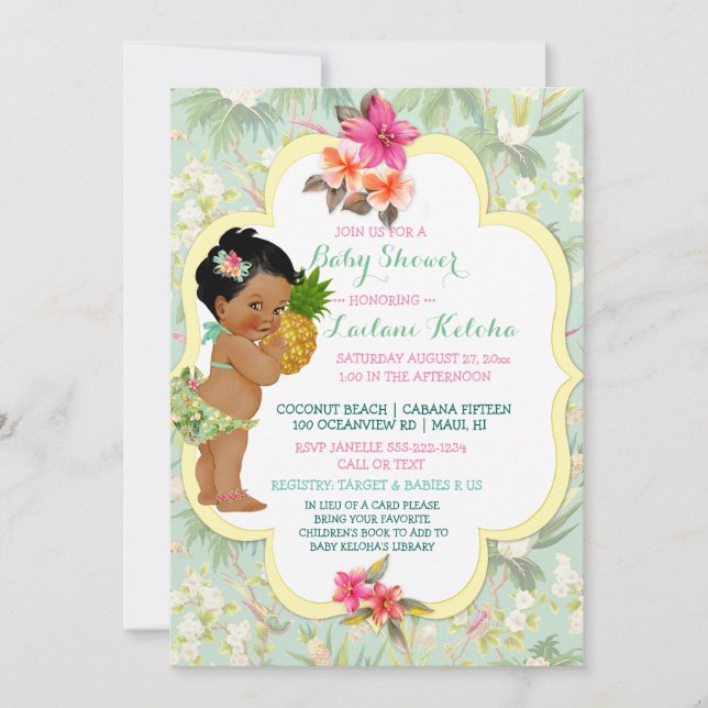 Invitation Baby Girl Bikini Tropical Luau Hawaiian Pineappy (Devant)