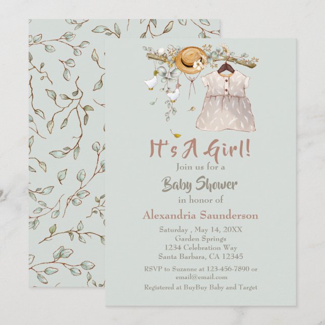 Invitation Baby Girl Boho Verdure rustique (Devant / Derrière)