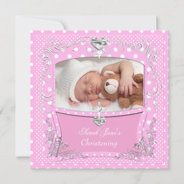 Invitation Baby Girl Christening Baptême Pink Polka Dot 2 (Devant)