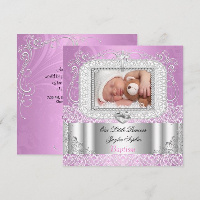 Invitation Baby Girl Christening Baptême rose violet (Devant / Derrière)