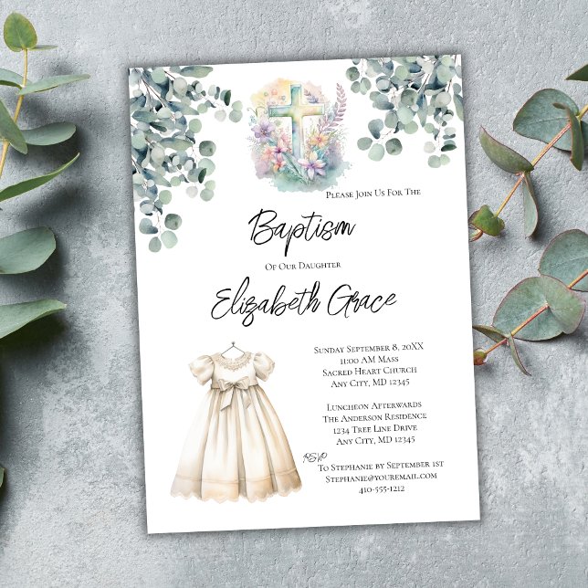 Invitation Baby Girl Cross Eucalyptus robe Baptême déjeuner (Baptism Christening White Baptism Dress Floral Cross Eucalyptus Baptism Invitation with Luncheon)