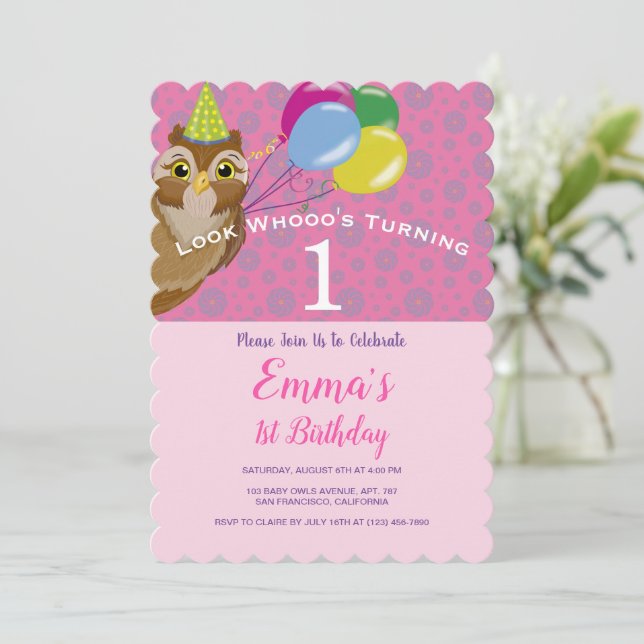 Invitation Baby Girl Cute Owl Balloons 1st Birthday Invitatia (Debout devant)