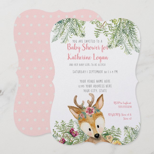 Invitation Baby Girl Douche Bois Animaux Boho Deer Floral (Devant / Derrière)