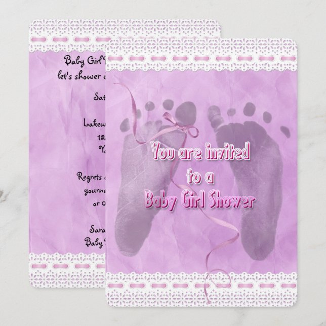 Invitation Baby Girl Douche Empreintes (Devant / Derrière)