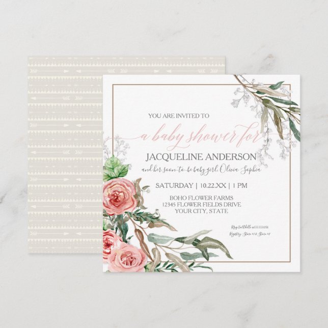 Invitation Baby Girl Douche moderne BOHO Flèches Aquarelle (Devant / Derrière)