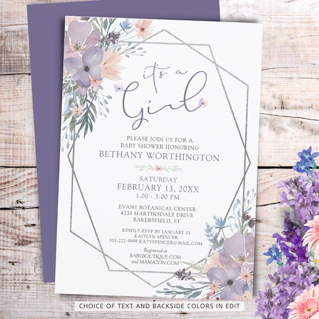 Invitation Baby Girl Douche Violet Floral ITS UNE FILLE (Créateur téléchargé)
