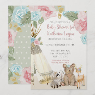 Invitation Baby Girl Douche Woodland Animal Floral Teepee