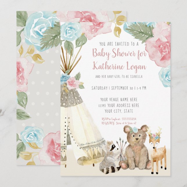 Invitation Baby Girl Douche Woodland Grey Cerf Floral Teepee (Devant / Derrière)