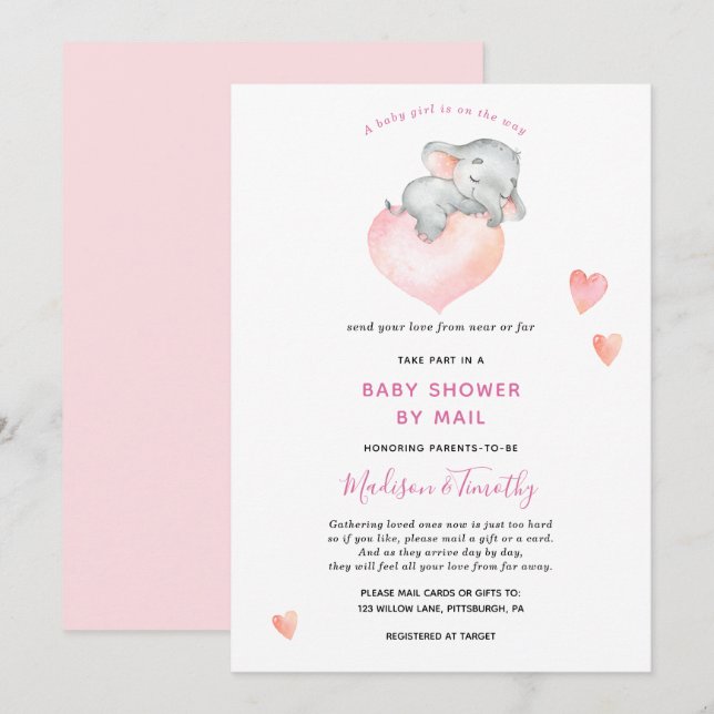 Invitation Baby Girl Elephant Baby shower Par Mail (Devant / Derrière)