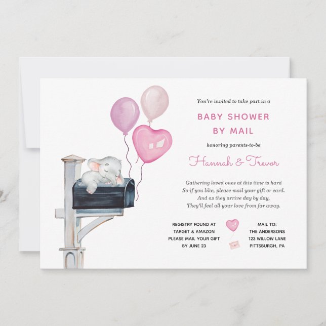 Invitation Baby Girl Elephant sur boîte aux lettres Douche pa (Devant)