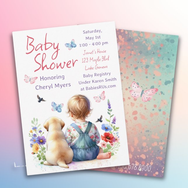Invitation Baby Girl et son chiot | Aquarelle de Baby shower (Créateur téléchargé)